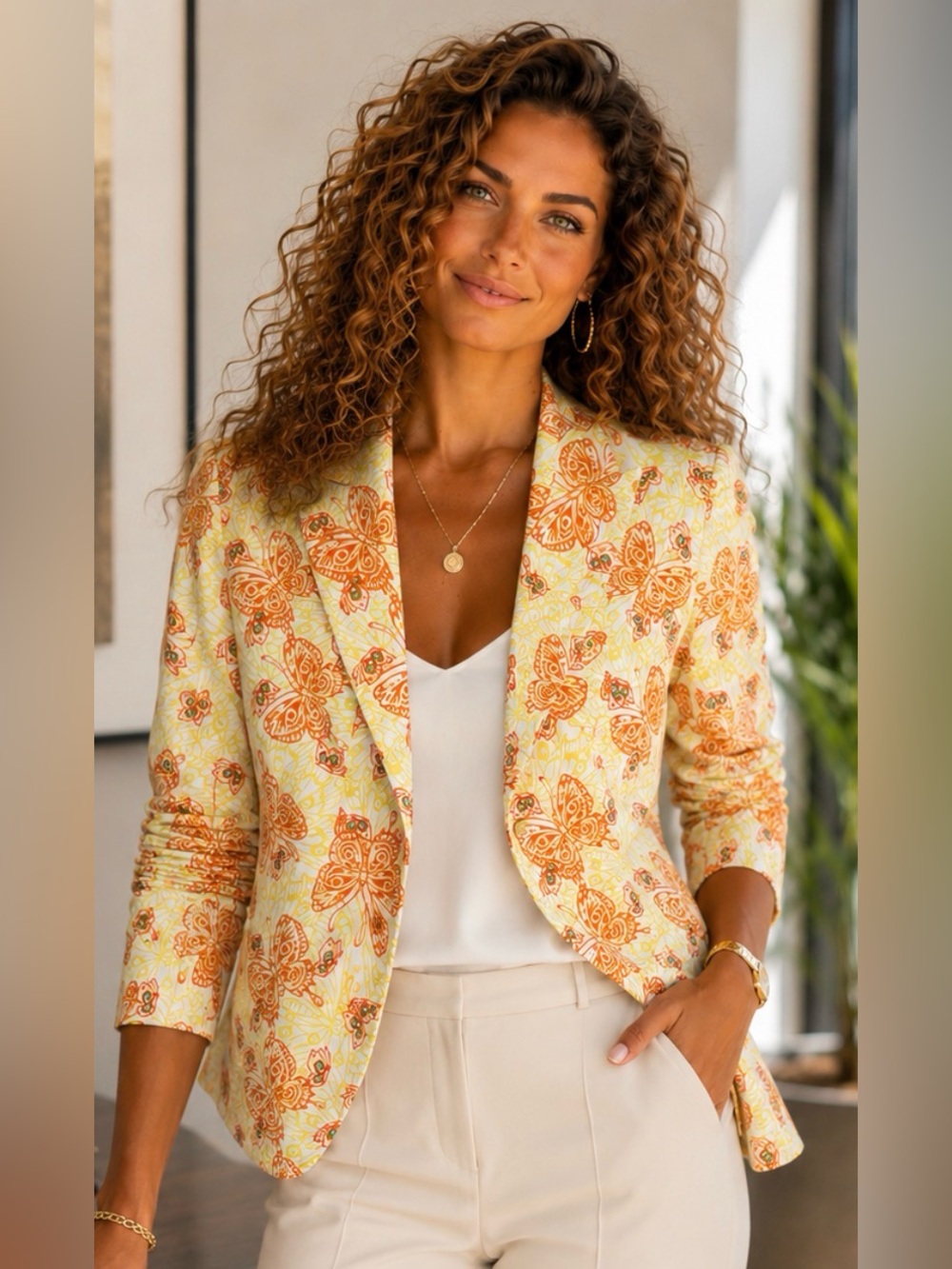 Studio M Petite Butterfly Print Blazer Jacket Size 12 | Orange Yellow Cotton Str